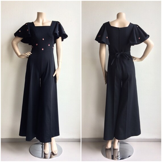 70s does 30s black wide pants jumpsuit with flutte