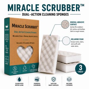 Pode incluir: Um pacote de 3 esponjas de limpeza de dupla ação Miracle Scrubber numa caixa castanha e azul-petróleo. Cada esponja retangular tem uma base de espuma de melamina branca e uma superfície abrasiva mineral bege para esfregar manchas.