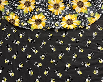 42” Reversible Tablerunner Sunflowers and Bees  on a black background