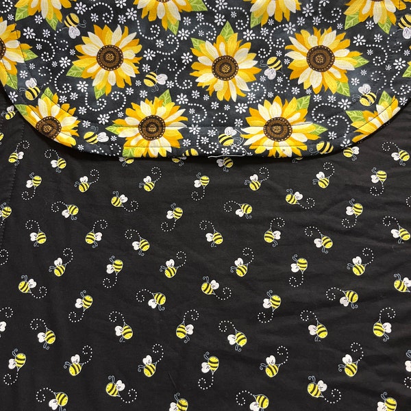 42” Reversible Tablerunner Sunflowers and Bees  on a black background