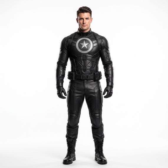 Men's Obsidian Black Captain America Suit, Tactical Leather Superhero Costume, Silver Shield Emblem, Cosplay Armor, Custom Size