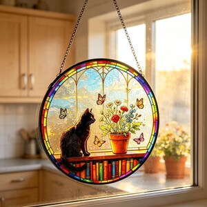 Black Cat Stained Glass Suncatcher, Butterfly Floral Window Hanging, Metal Frame Glass Art Decor