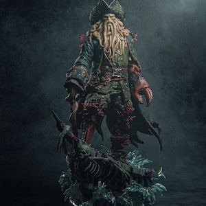May include: A detailed figurine of a pirate captain with a tentacled face, wearing a weathered green coat and a tricorn hat. The figure features a large crab claw for a hand, red coral accents, and stands atop a skeletal ship base in blue water.