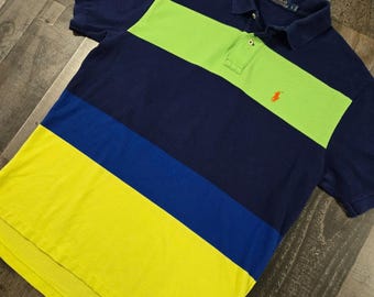 Vintage Polo Ralph Lauren Multi Colorblock Striped Mesh Polo Shirt Men's L Neon