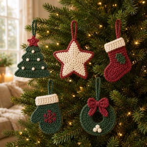 May include: Five crocheted Christmas ornaments hanging on a tree: a dark green tree with white dots and a red star, a cream star with a red border, a red stocking with a white cuff and green leaf, a green mitten with a red snowflake, and a green wreath.
