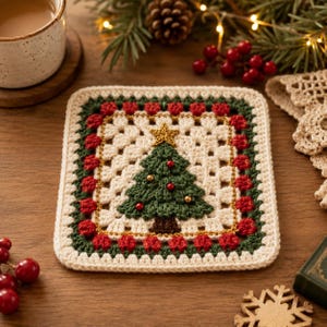 Puede incluir: Un posavasos cuadrado de ganchillo con un centro color crema y un motivo de árbol de Navidad verde oscuro. El árbol está rematado con una estrella dorada y decorado con pequeñas cuentas rojas y doradas. El borde es de hilo verde y rojo.