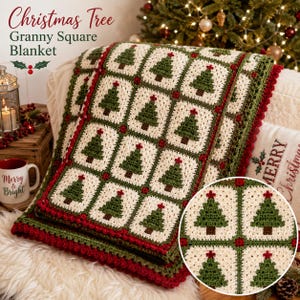 May include: A crochet blanket featuring a repeating pattern of cream-colored granny squares, each containing a green Christmas tree with a red star topper. The squares are joined by green borders with small red accents and a red scalloped edge.
