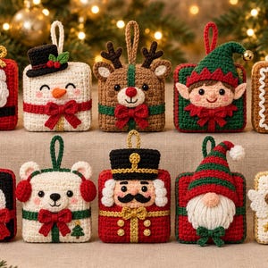 May include: A set of ten square crochet Christmas ornaments featuring various characters including Santa Claus, a snowman, a reindeer, an elf, a gingerbread person, a penguin, a polar bear, a nutcracker, a gnome, and an angel.