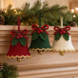May include: Three crocheted bell ornaments in red, dark green, and cream. Each bell features a decorative green holly leaf and red berry cluster at the top, a gold-colored scalloped bottom edge, and a small metallic jingle bell hanging inside.