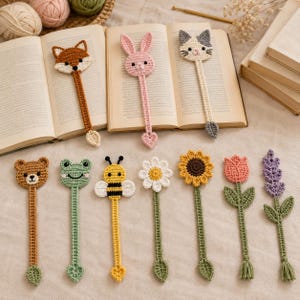 May include: A collection of ten handmade crochet bookmarks featuring various animal and floral designs, including a fox, rabbit, cat, bear, frog, bee, daisy, sunflower, tulip, and lavender sprig, each with a long stem and a small leaf or heart.