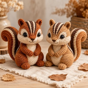 May include: Two crocheted chipmunk figures featuring dark brown and cream yarn, large black plastic eyes, and bushy tails. The chipmunks have striped heads and light-colored bellies, crafted with detailed stitching to create a soft, textured appearance.