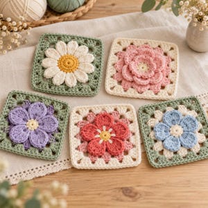 May include: Five square crochet granny squares featuring floral designs. One has a white daisy on sage green, one a pink layered flower on cream, one a purple flower on sage green, one a red flower on cream, and one a light blue flower on sage green.