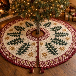 Può includere: Una gonna per albero di Natale rotonda all'uncinetto color crema con un motivo ripetuto di pini verde scuro e stelle dorate. La gonna presenta un bordo rosso scuro con un disegno geometrico a rombi, un motivo a greca centrale e nappe rosse.