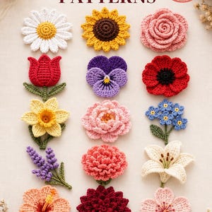 Op de afbeelding: Een verzameling van 15 gehaakte bloemen in een raster, met diverse kleuren waaronder wit, geel, roze, rood, paars en oranje. De tekst luidt CROCHET FLOWER PATTERNS, 15-IN-1 PDF, BEGINNER FRIENDLY en iLittleWondersCrafts.