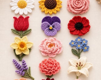 May include: A collection of 15 crocheted flowers arranged in a grid, featuring various colors including white, yellow, pink, red, purple, and orange. The text reads CROCHET FLOWER PATTERNS, 15-IN-1 PDF, BEGINNER FRIENDLY, and iLittleWondersCrafts.