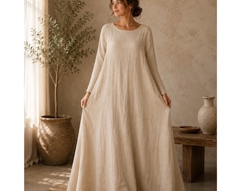 Oversized Linen Maxi Dress, Long Sleeve Boho Minimalist Summer Casual Fit