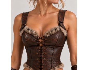 May include: A dark brown faux leather corset top featuring a textured finish, a front lace-up closure with metal grommets, and thick shoulder straps. The neckline and hem are trimmed with light brown faux fur, and the bodice has structured seams.