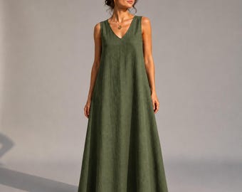 Sleeveless Linen Maxi Dress, V-Neck Loose Fit Summer Beach Dress