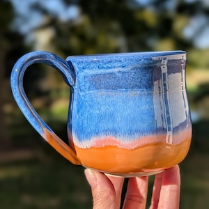 Orange and Blue Mug,  12oz  Stoneware Mug, Wheel Thrown Pottery, Ceramic Mug,  Coffee or Tea Lover Gift