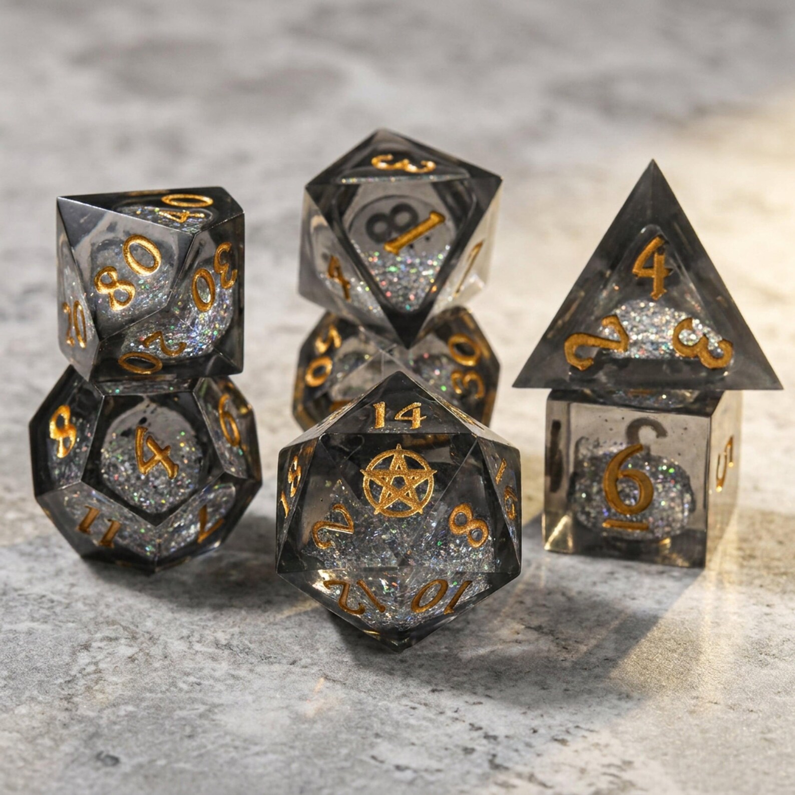 Pentagram DND Dice Set, Sharp Edge Liquid Core Dice with Silver Holographic Glitter, 7 Piece Polyhedral Dice, Warlock Gift, TTRPG
