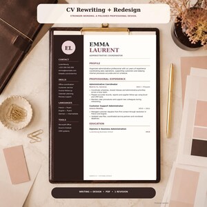 May include: A professional CV template on a clipboard featuring a dark brown sidebar with contact, skills, and language sections. The main white section includes profile, professional experience, and education details for Emma Laurent.