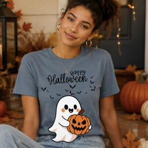 Cute Ghost Holding Jack-O'-Lantern T-Shirt | Happy Halloween Tee