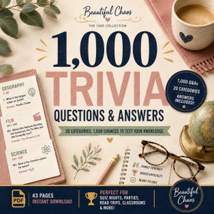 May include: A digital trivia game titled 1,000 Trivia Questions & Answers by Beautiful Chaos. The set includes printable cards with geography, film, and science categories, a PDF icon, and text indicating 1,000 Q&As, 20 categories, and answers included.
