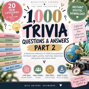 May include: A digital trivia game titled 1,000 Trivia Questions & Answers Part 2 by Beautiful Chaos. The cover features a stack of colourful books labelled with categories like Landmarks, Science, and History, alongside a globe and camera.