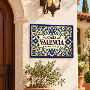 Personalized Spanish Mediterranean House Sign | Andalusian Tile Style Custom Villa Plaque | Blue Floral Address Sign | Custom Casa Name Sign