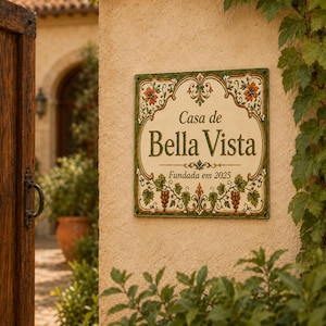 May include: A square ceramic wall plaque with a cream-colored background, featuring green and orange floral borders and grape vine illustrations. The text reads Casa de Bella Vista and Fundada em 2025 in a dark green serif font with decorative flourishes.