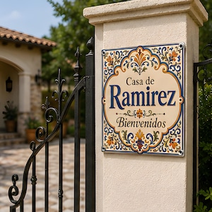 May include: A square ceramic house sign mounted on a beige pillar, featuring a cream background with blue, orange, and green floral scrollwork borders. The text reads Casa de Ramirez in large blue letters and Bienvenidos in smaller black script.