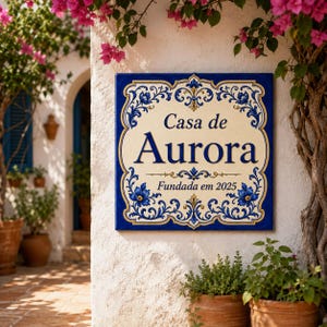 May include: A square ceramic wall plaque featuring a cream-coloured centre with dark blue decorative floral borders. The text reads Casa de Aurora and Fundada em 2025 in a dark blue serif font, accented by gold-coloured flourishes and scrollwork.
