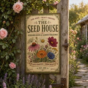 Pode incluir: Uma placa retangular de metal com fundo creme contendo o texto THE SEED HOUSE, HEIRLOOM SEEDS & GARDEN TREASURES, PLANT KINDNESS GROW BEAUTY, EST. 2026, NO. 24, NET WT. 1 OZ. Exibe uma ilustração colorida de várias flores de jardim.