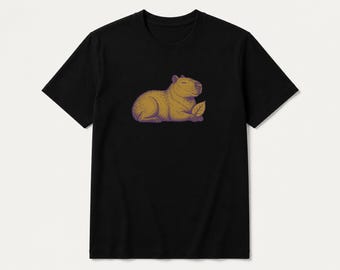 Capybara Chill Character T-Shirt, Plum Gold Animal Lover Tee (Black/White)