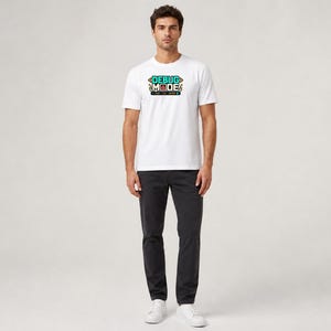Software Developer Debugging graphic T-shirt in white, male model full-body front
