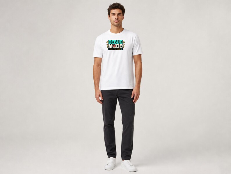 Software Developer Debugging graphic T-shirt in white, male model full-body front