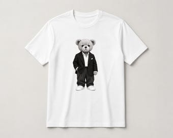 Minimal Teddy Bear T-Shirt, Black Suit Bear Tee, Modern Animal Gift