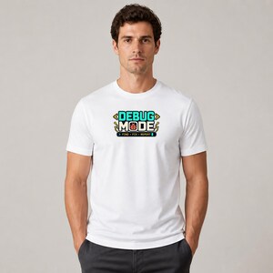 Software Developer Debugging graphic T-shirt in white, male model mid-length front