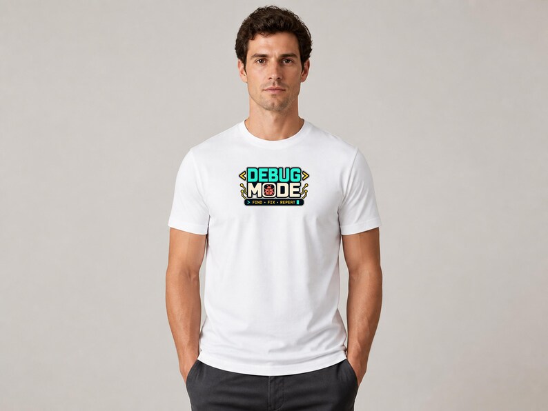 Software Developer Debugging graphic T-shirt in white, male model mid-length front