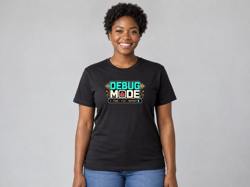 Young woman wearing the black Software Developer Debugging graphic T-shirt, front mid-length view