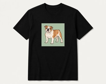 English Bulldog T-Shirt, Full-Body Portrait, Sage Green Background, Cotton Tee