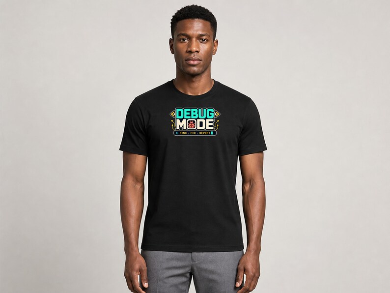 Software Developer Debugging graphic T-shirt in black, male model mid-length front