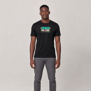 Software Developer Debugging graphic T-shirt in black, male model full-body front