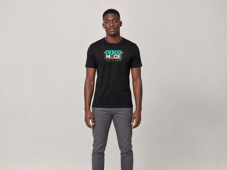 Software Developer Debugging graphic T-shirt in black, male model full-body front