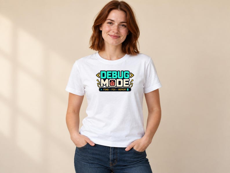Young woman wearing the white Software Developer Debugging graphic T-shirt, front mid-length view