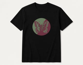 Butterfly Field-Guide Motif T-Shirt, Editorial Illustration, Burgundy Sage Tones