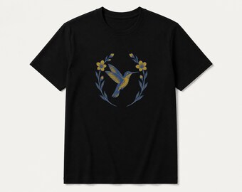 Hummingbird Floral T-Shirt, Botanical Illustration, Cobalt Mustard Palette