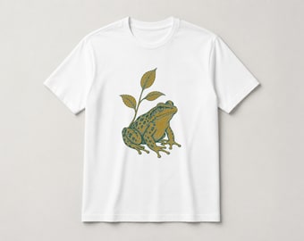 Frog Botanical T-Shirt, Editorial Illustration, Pine Sun Tones (Black/White)