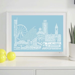 Manchester Skyline Typography Print pale aqua