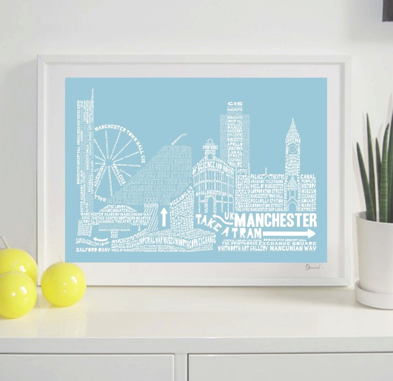 Manchester Skyline Typography Print pale aqua